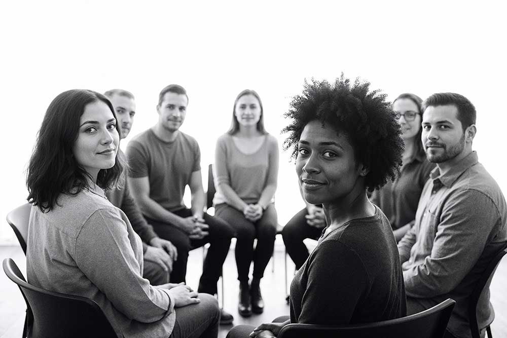 Group of adults seated in a circle during a support session