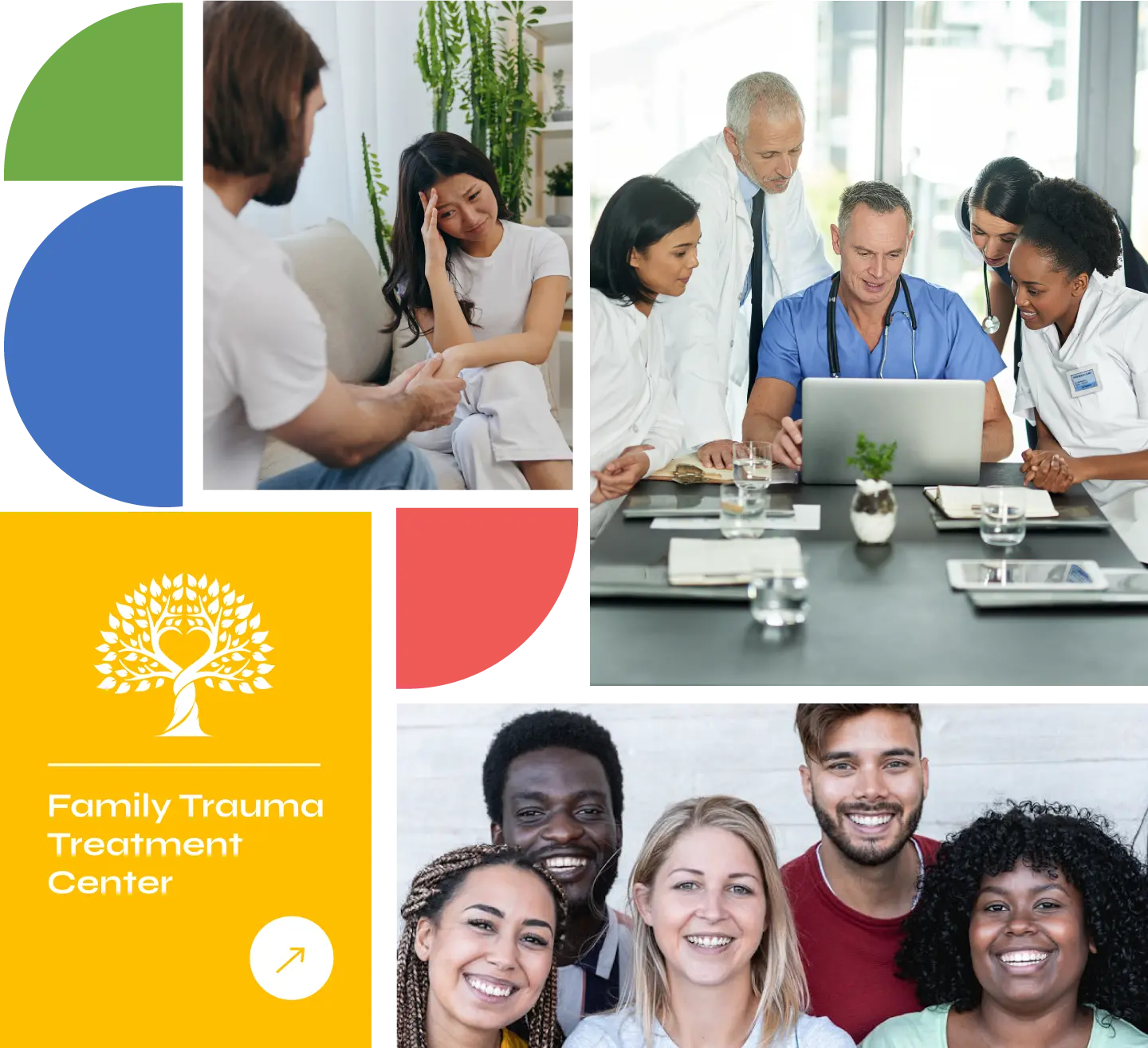 Collage of Family Trauma Treatment Center clinicians, staff and clients with the FTTC logo